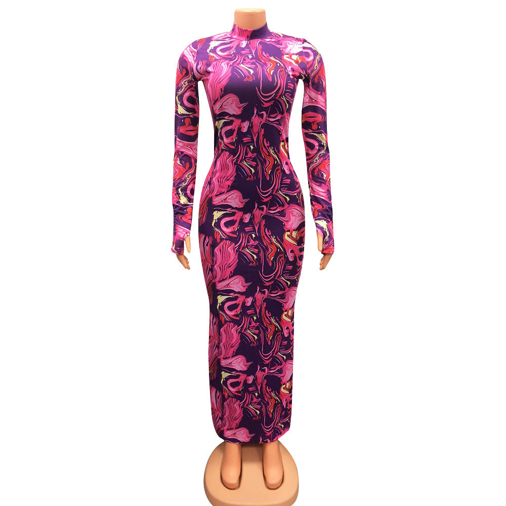 Women Long Sleeve Fashion Printed One Step Party Night Skirt Dress