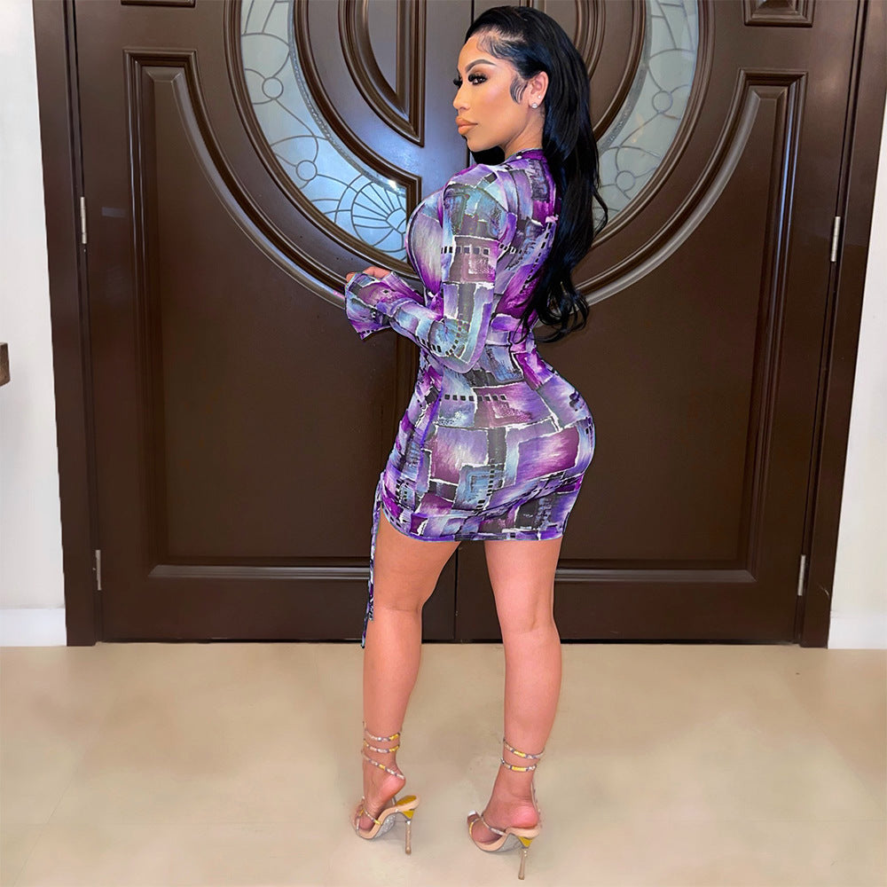 Sexy Women See-Through Print Pleated Long-Sleeved Night Clubbing Party Dress