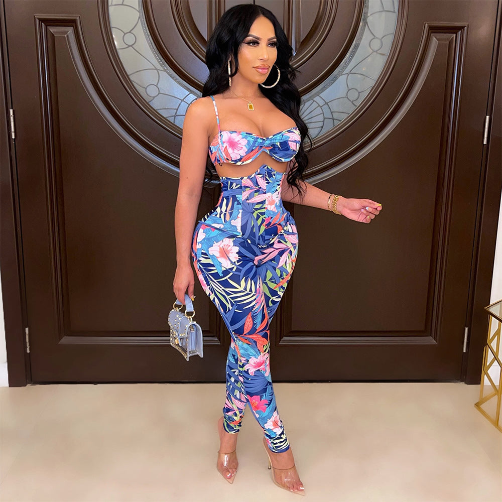Two-Piece Sexy High-Waisted Printed Suspenders Clubbing Night Tops + Pant Trousers