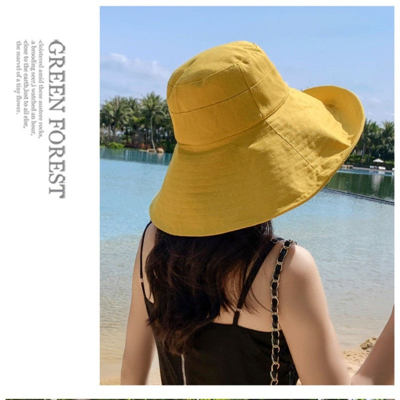 Women Solid Color Big Brim Fisherman Foldable Sun Sunscreen Shading Hat