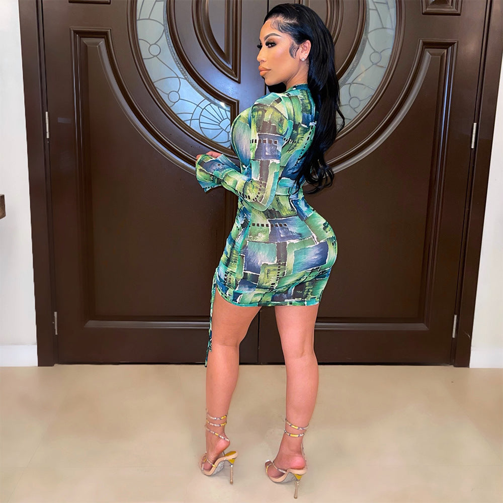 Sexy Women See-Through Print Pleated Long-Sleeved Night Clubbing Party Dress