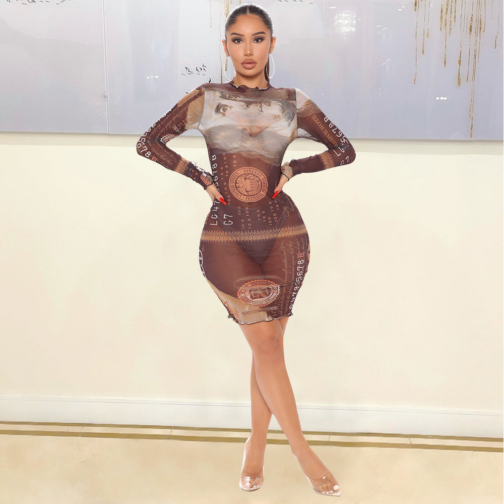 Sexy Mesh See-Through Long-Sleeved Night Party Dress