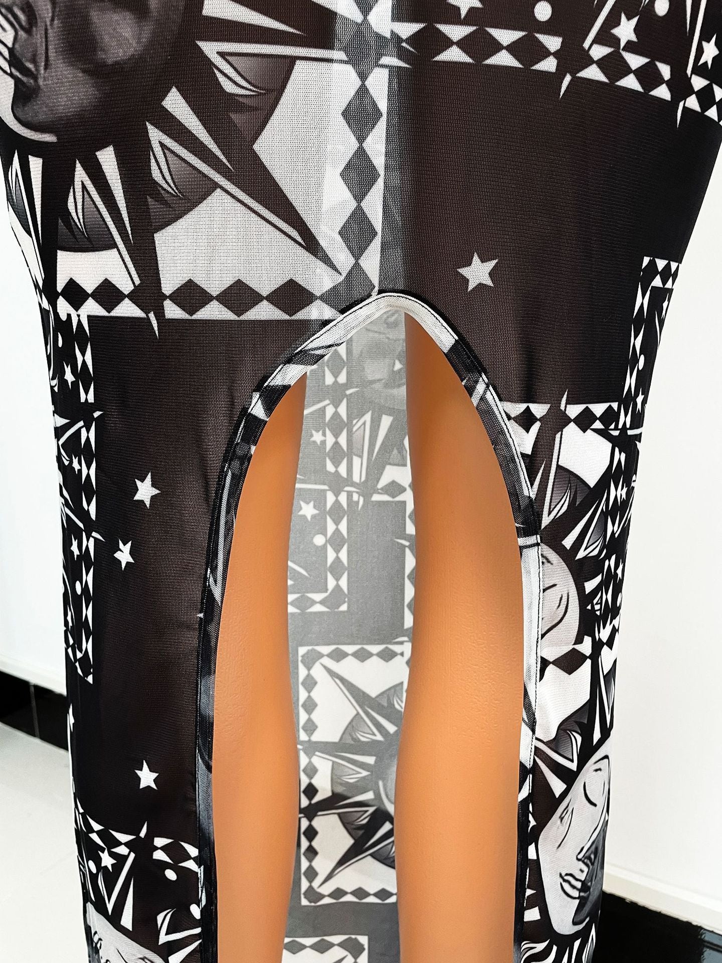 Sexy Slim Fashion See-Through Print Long Sleeve Night Clubwear Party Dress