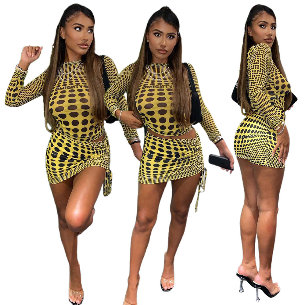 Sexy Women's Long-sleeved Printed Nightclub Party Tops Skirt Suit