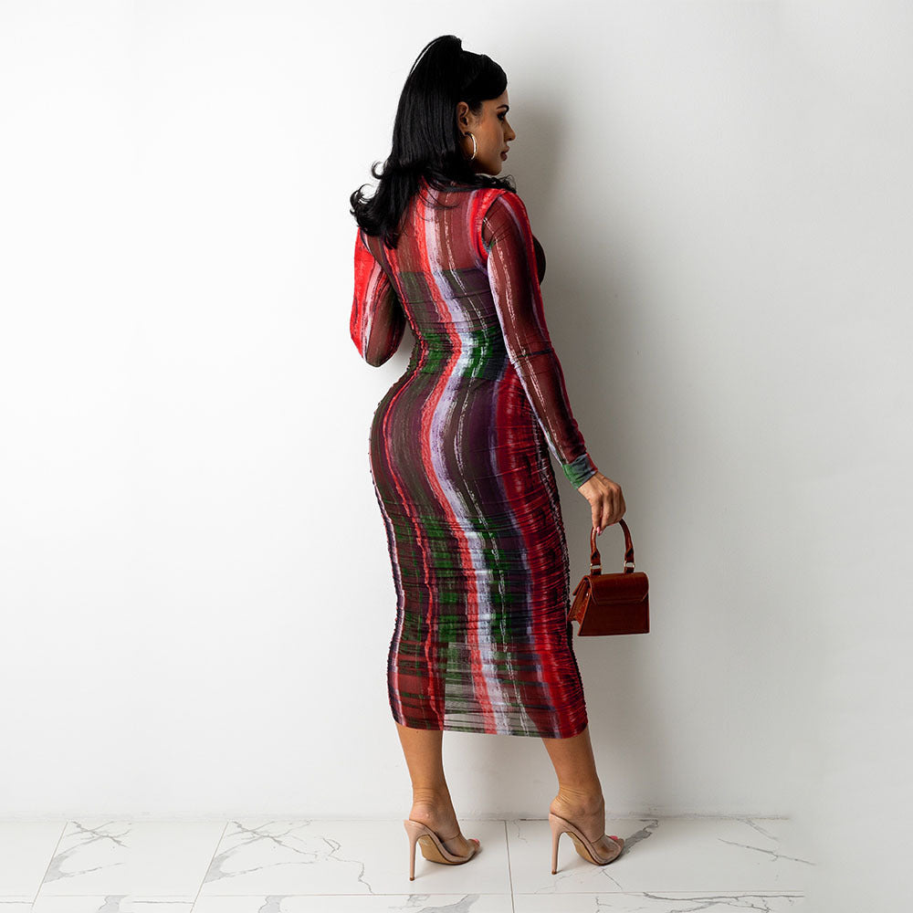 Sexy Women See-Through Print Long-Sleeved Mini Night Party Dress