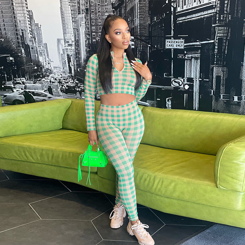 Sexy Long Sleeve Sports Cropped Navel Slim Tops Pant Trousers Suits