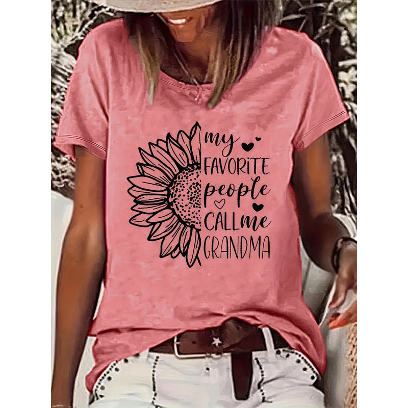 My Favorite People Call Me Grandma Women's Half Sunflower Print Short Sleeve T-Shirt Crew Neck Tops
