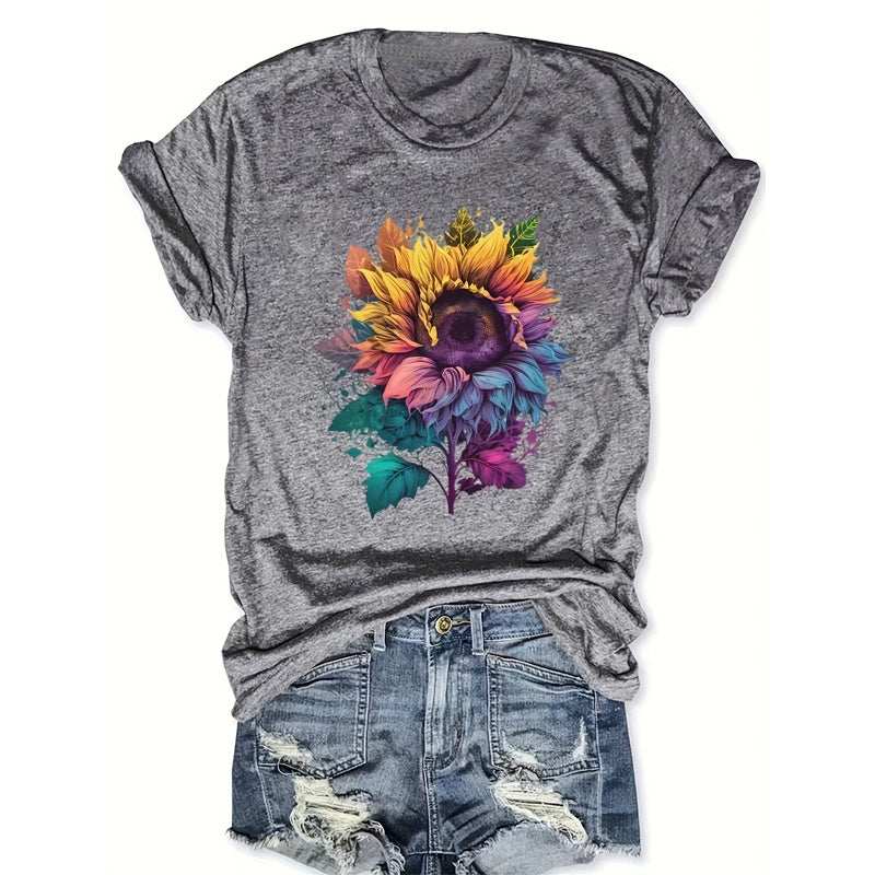 Women's Short Sleeve Round Neck Colorful Sunflower Print Tees Shirt Tops