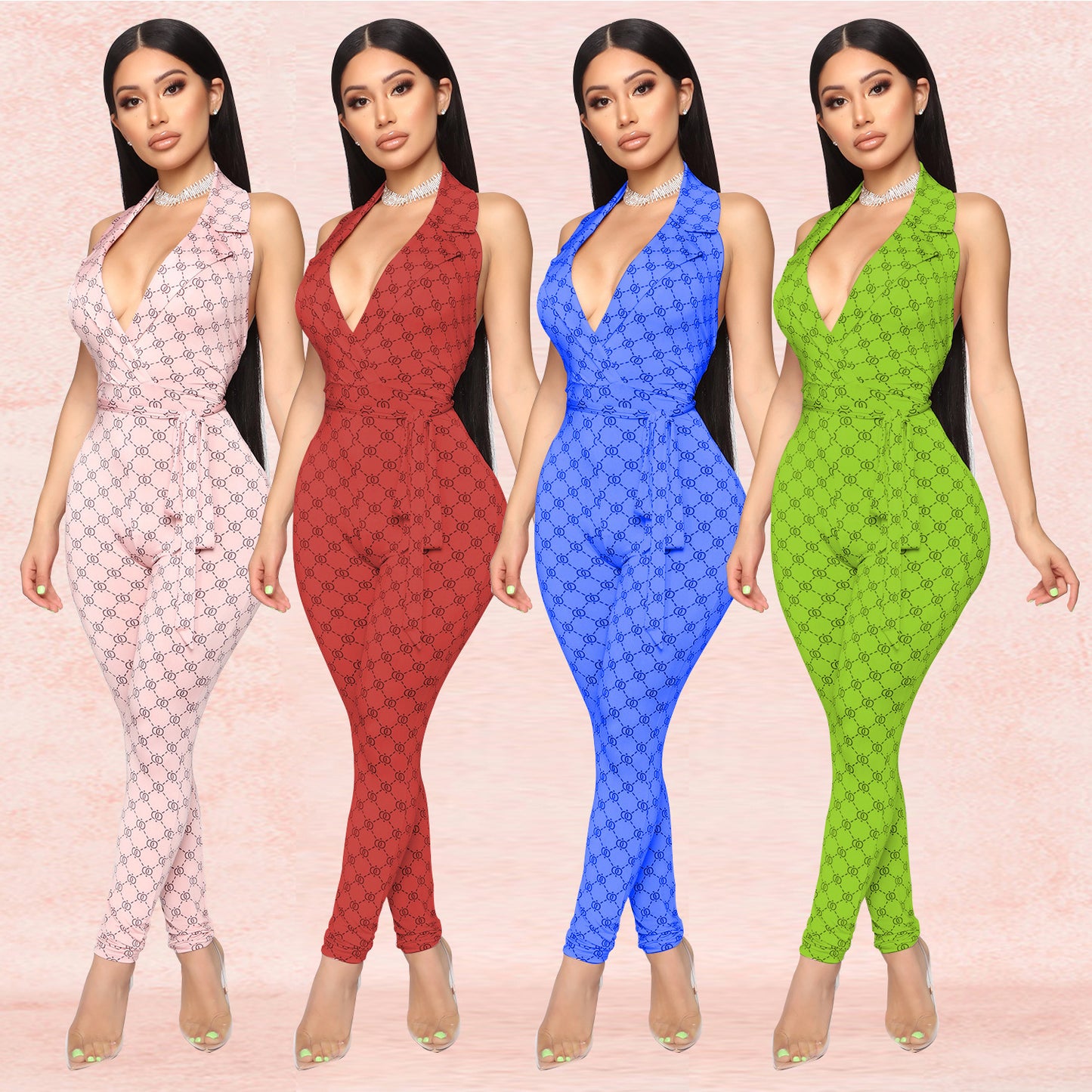 Sexy Printed Halter Nightclub Party Pant Jumpsuit