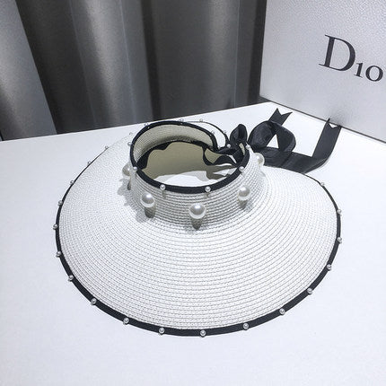 Women Straw Sun Protection Top Pearl Topless Travel Beach Hat