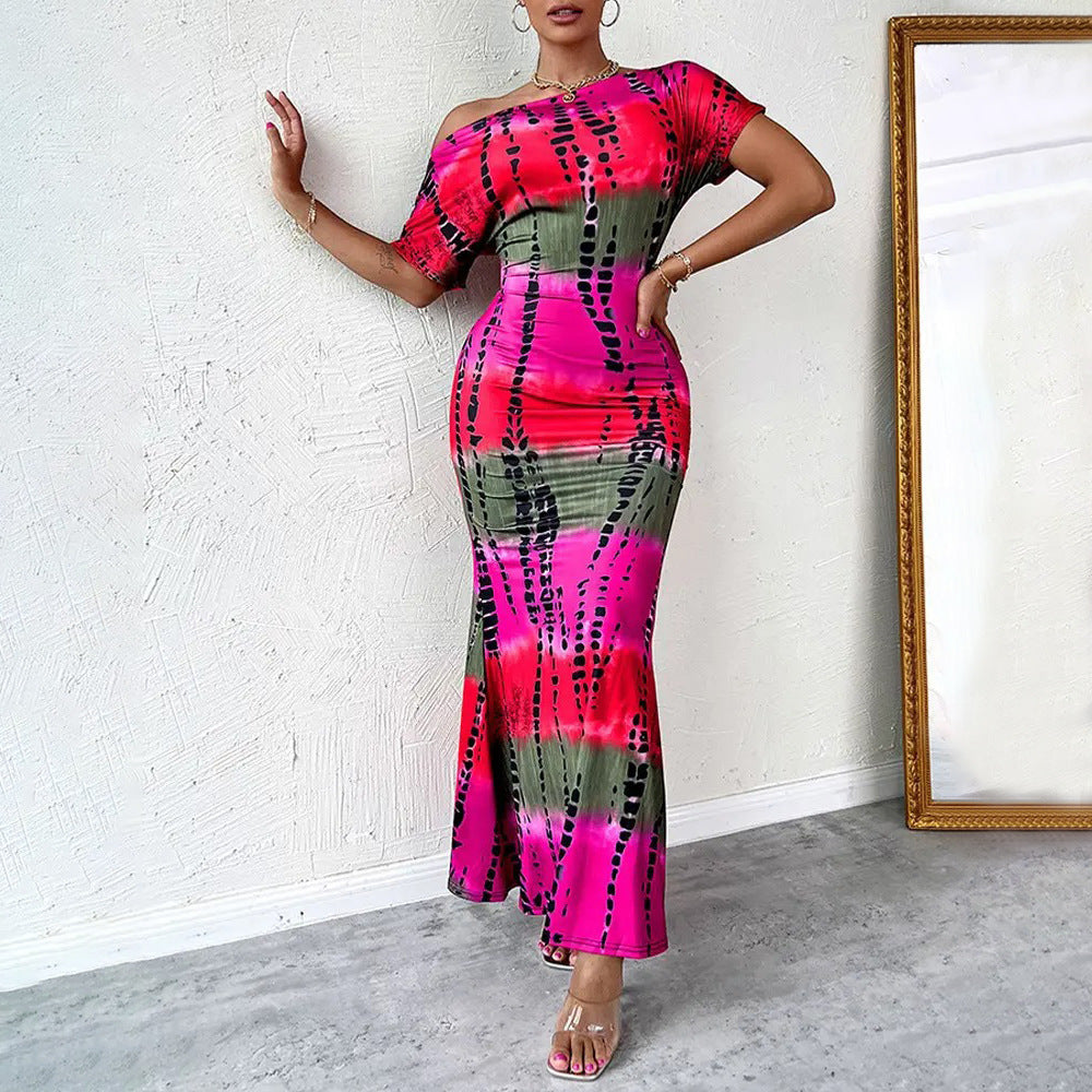 Women Printed Short Sleeve Diagonal Neck Slim Long Party Evening Dress