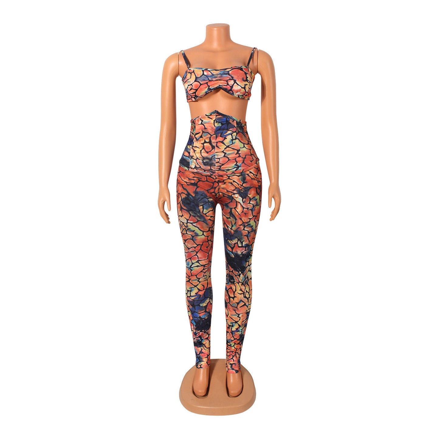 Two-Piece Sexy High-Waisted Printed Suspenders Clubbing Night Tops + Pant Trousers