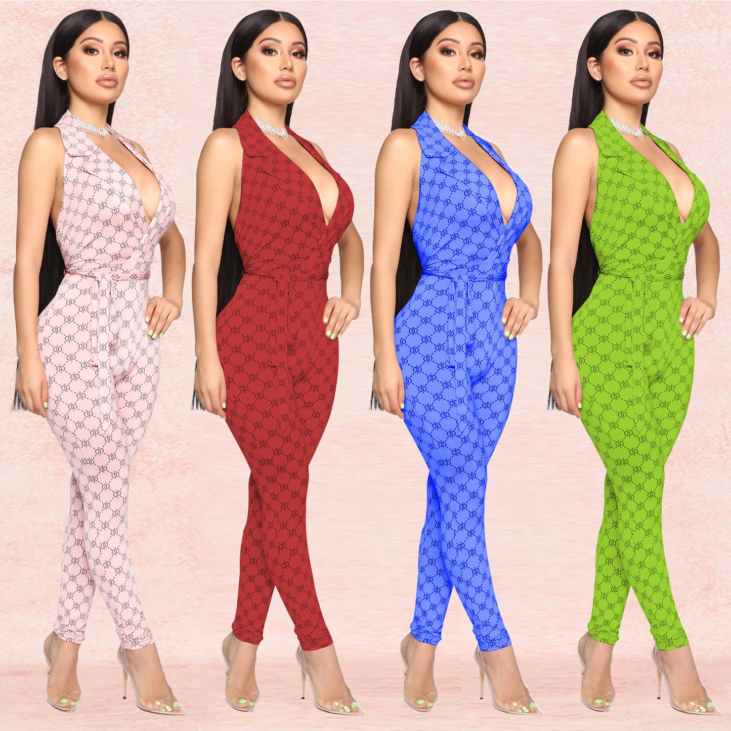 Sexy Printed Halter Nightclub Party Pant Jumpsuit