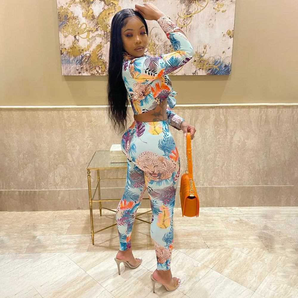 Sexy Fashion Printed Long-Sleeved Tops + Bottom Trouser Suit