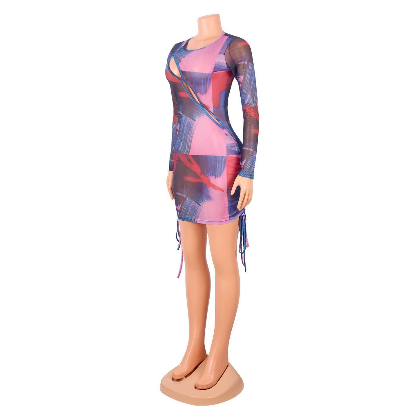 Nightclub Sexy Net Gauze See-Through Long-Sleeved Party Dress