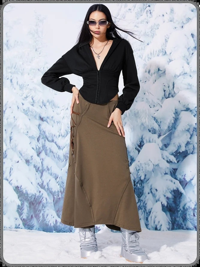 Women Solid Color V Neck Buckle Waist Long Sleeve Hooded Sweater Jacket