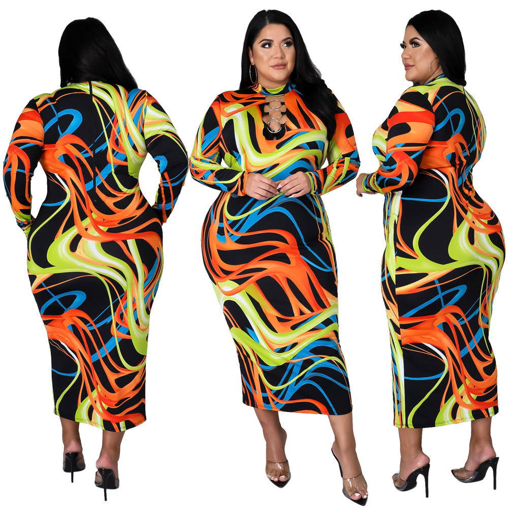 Plus Size Sexy Tight Sexy Long Sleeve Printed Night Club Party Dress