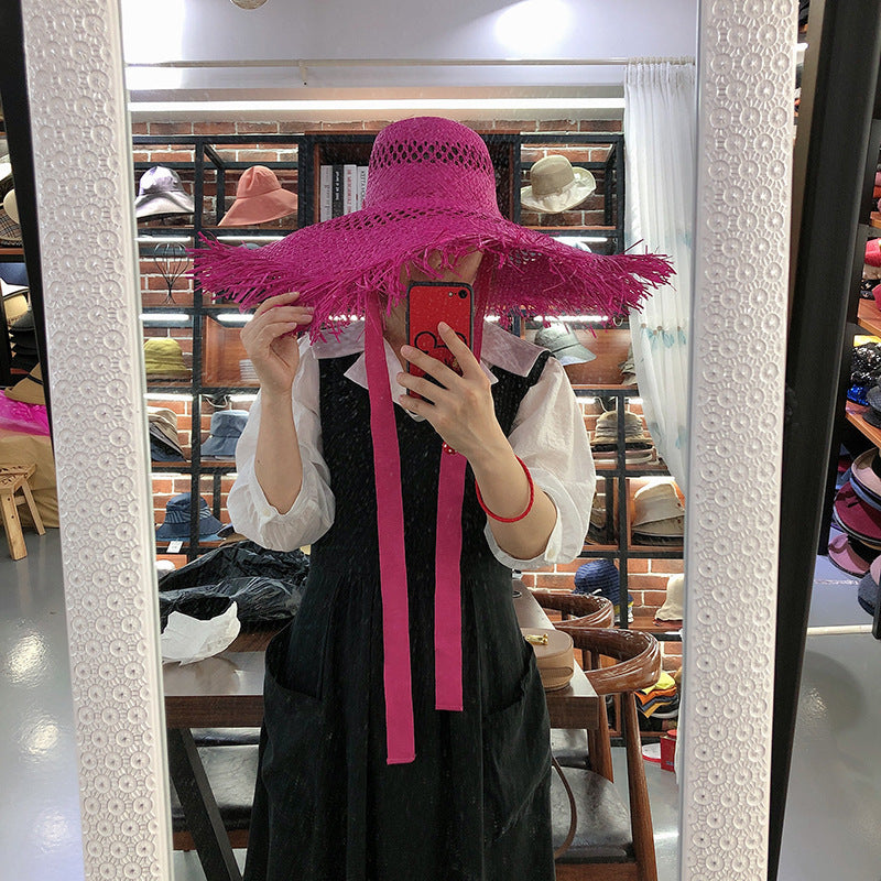 Women Fashion Tassel Big Brim Raffia Colorful Sunshade Hat