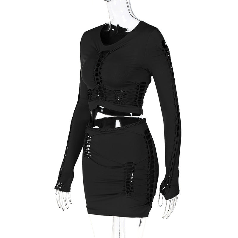 2pcs Women Cut Out Round Neck Long Sleeve Slim Tops Skirt Suits