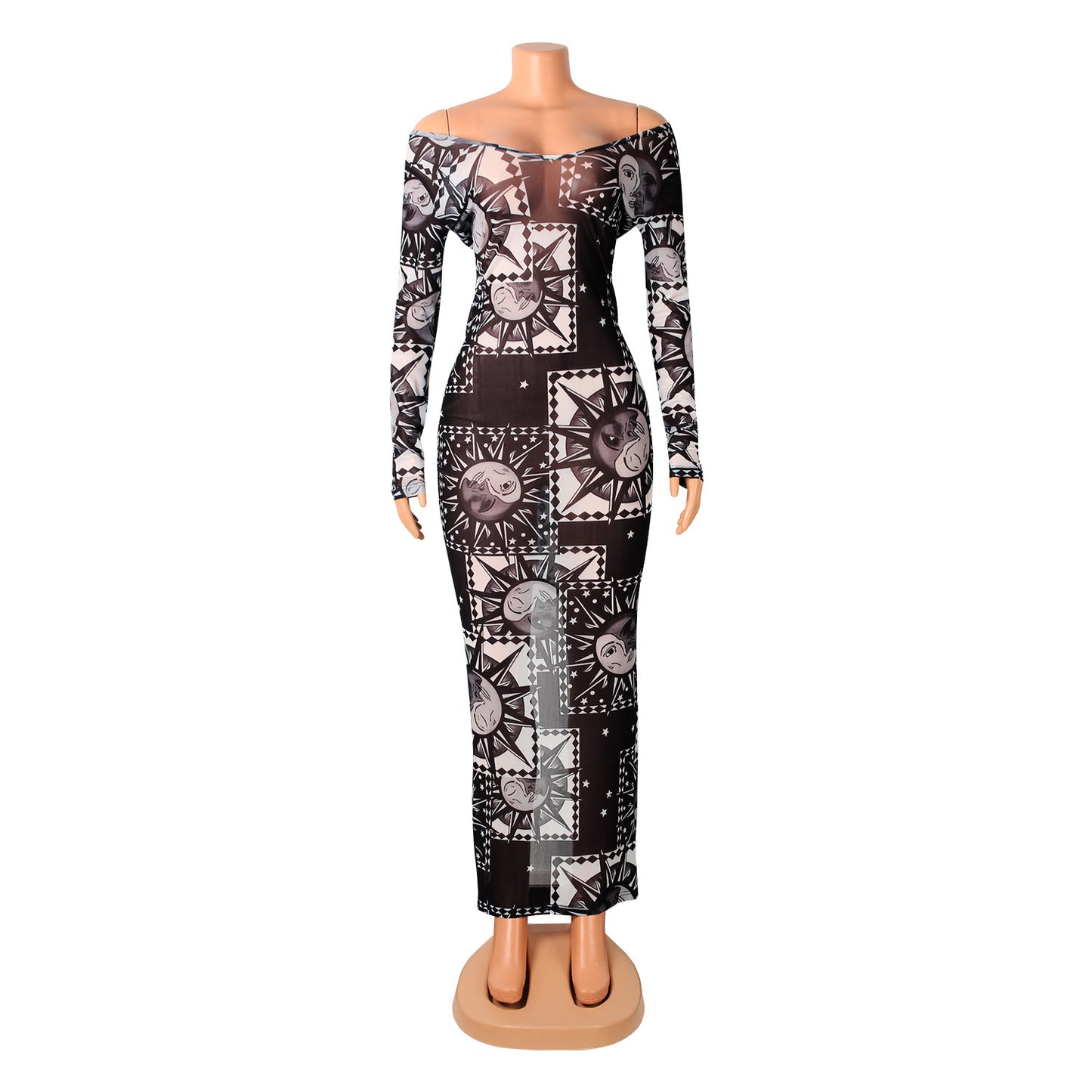 Sexy Slim Fashion See-Through Print Long Sleeve Night Clubwear Party Dress