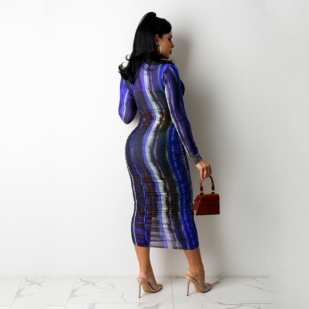Sexy Women See-Through Print Long-Sleeved Mini Night Party Dress
