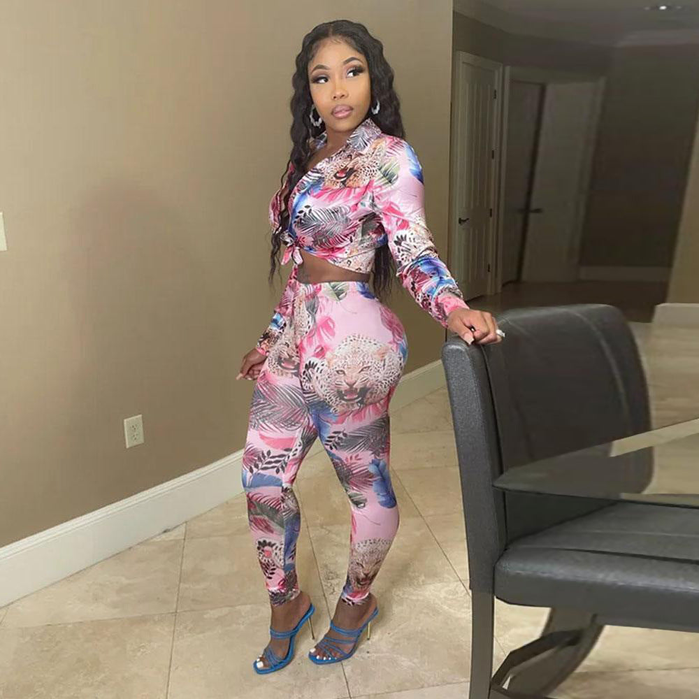 Sexy Fashion Printed Long-Sleeved Tops + Bottom Trouser Suit