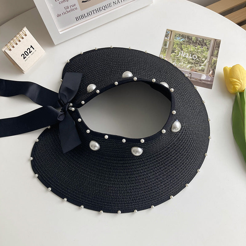 Women Straw Sun Protection Top Pearl Topless Travel Beach Hat