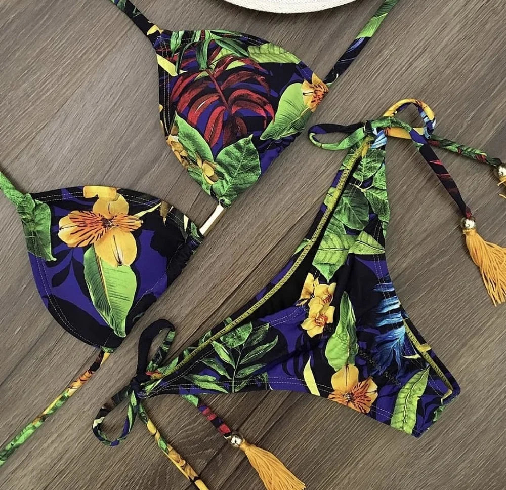 Sexy Micro Feather Print Bandage Swimwear Bathing Brazilian Bikini Suit