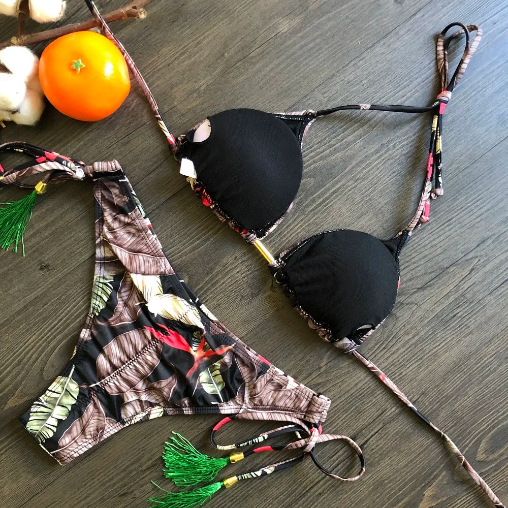 Sexy Micro Feather Print Bandage Swimwear Bathing Brazilian Bikini Suit