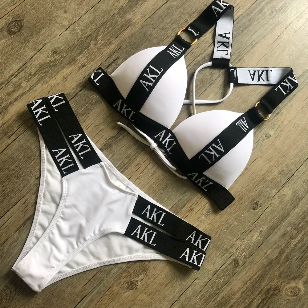 Sexy Letter prints Push up Bandage Black Swimwear Swimming bathing suit