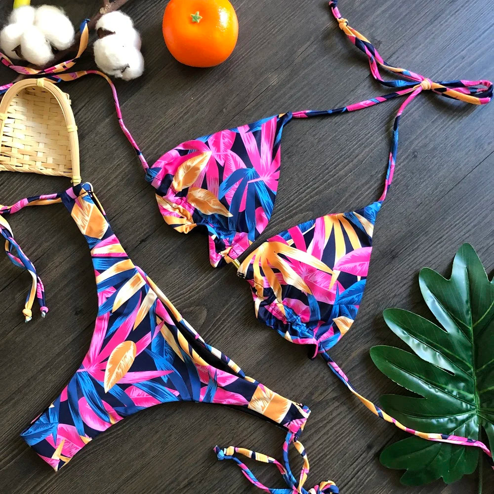 Sexy Micro Feather Print Bandage Swimwear Bathing Brazilian Bikini Suit