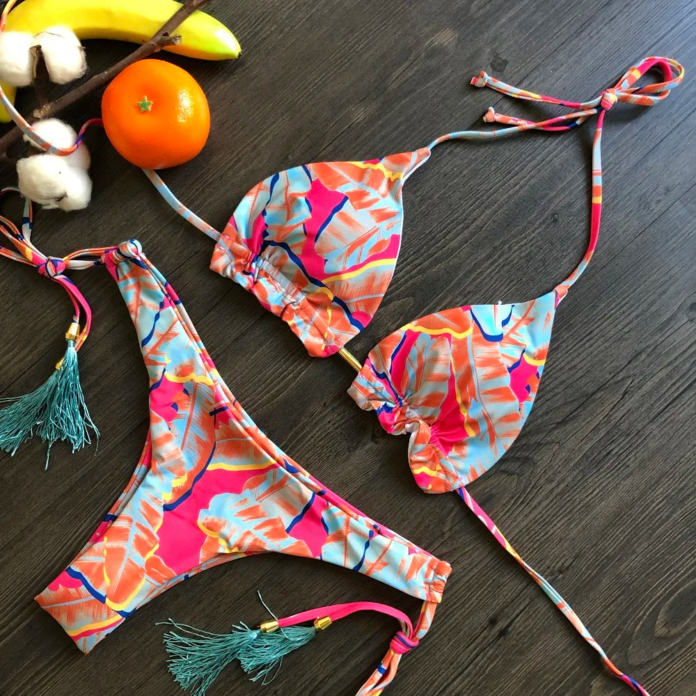 Sexy Micro Feather Print Bandage Swimwear Bathing Brazilian Bikini Suit