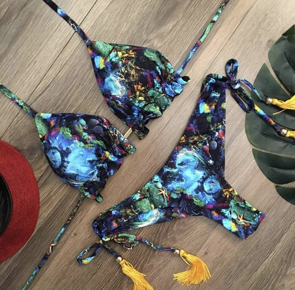 Sexy Micro Feather Print Bandage Swimwear Bathing Brazilian Bikini Suit