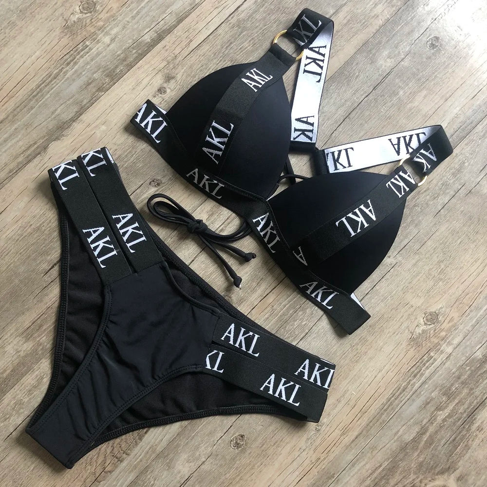 Sexy Letter prints Push up Bandage Black Swimwear Swimming bathing suit