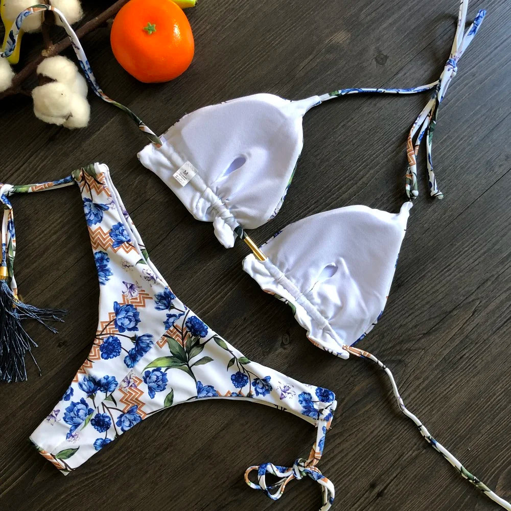 Sexy Micro Feather Print Bandage Swimwear Bathing Brazilian Bikini Suit