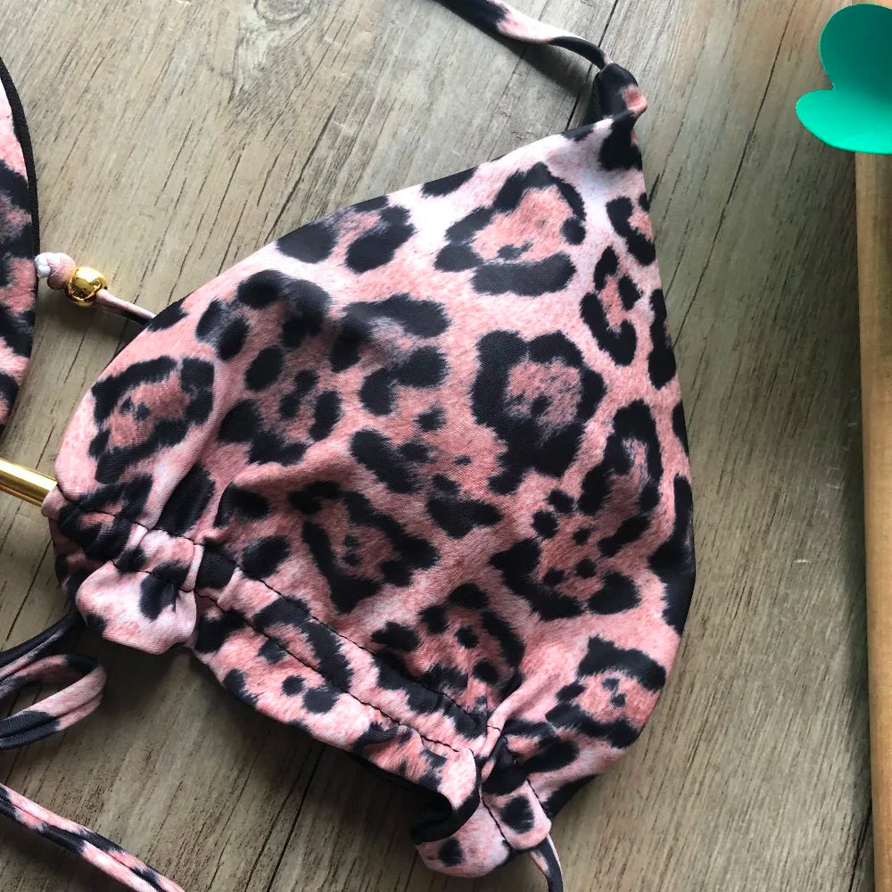 Sexy Halter Thong Micro Bikini Push Up Brazilian Tropical Plant Print String Mini Swimsuit