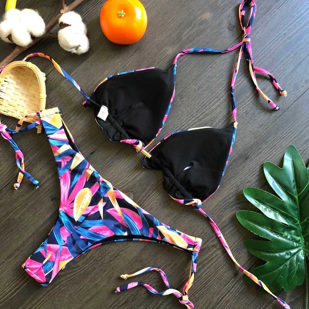 Sexy Micro Feather Print Bandage Swimwear Bathing Brazilian Bikini Suit
