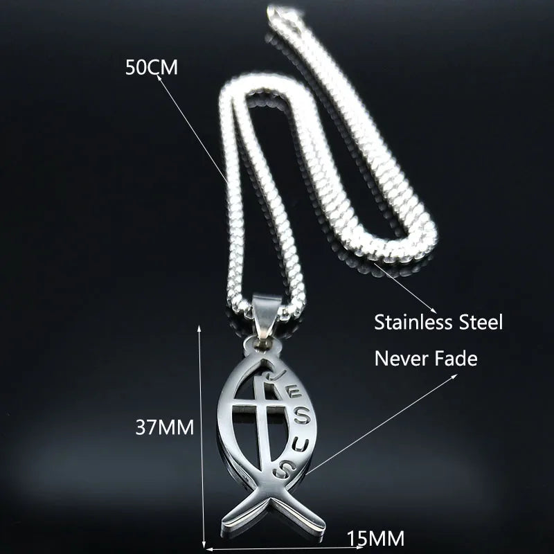 Women Men Stainless Steel Gold Color Christian Jesus Fish Cross Pendant Necklace