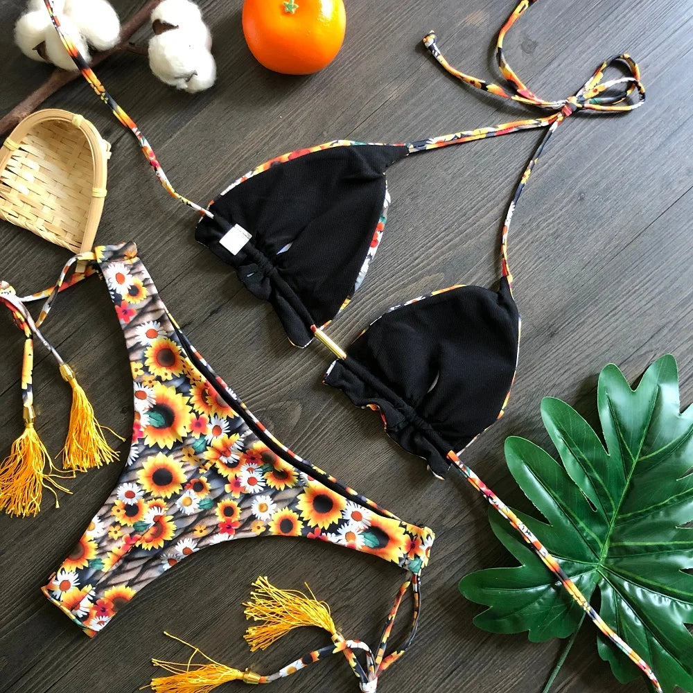 Sexy Micro Feather Print Bandage Swimwear Bathing Brazilian Bikini Suit