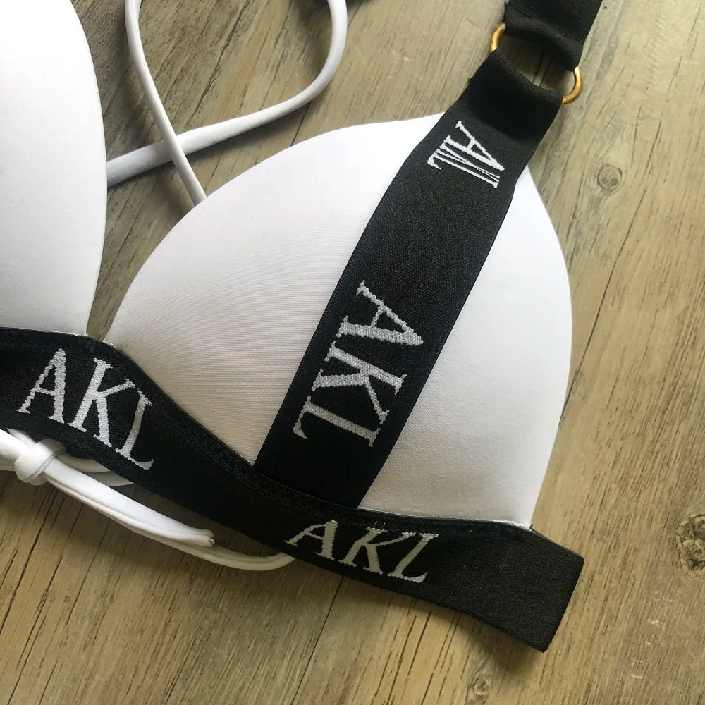 Sexy Letter prints Push up Bandage Black Swimwear Swimming bathing suit