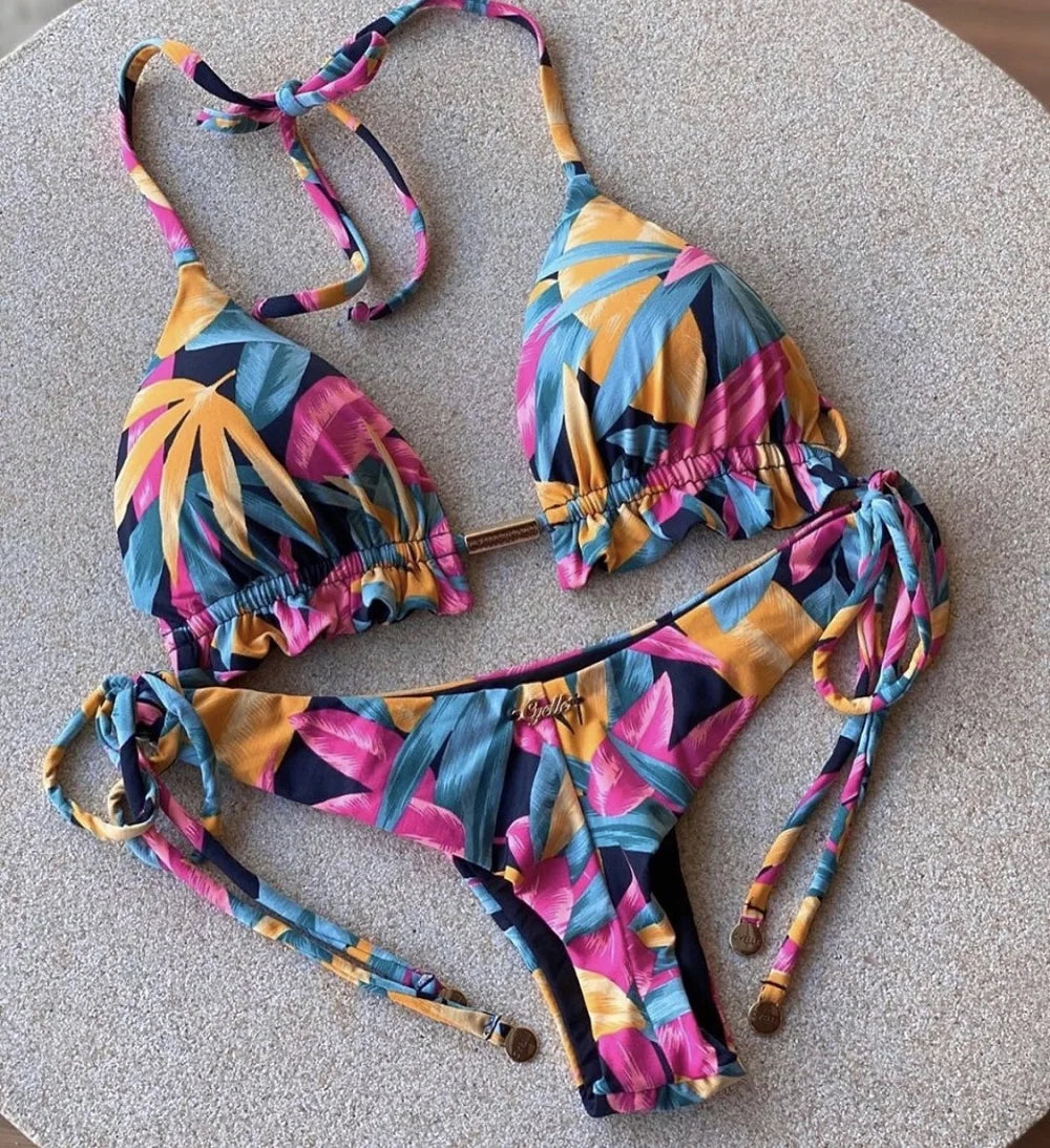 Sexy Micro Feather Print Bandage Swimwear Bathing Brazilian Bikini Suit
