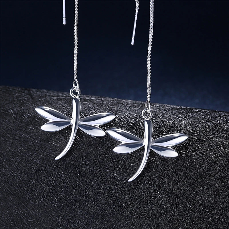 925 Sterling Silver Dragonfly Charm Women Fashion Wedding Engagement Party Earline Drop Earring