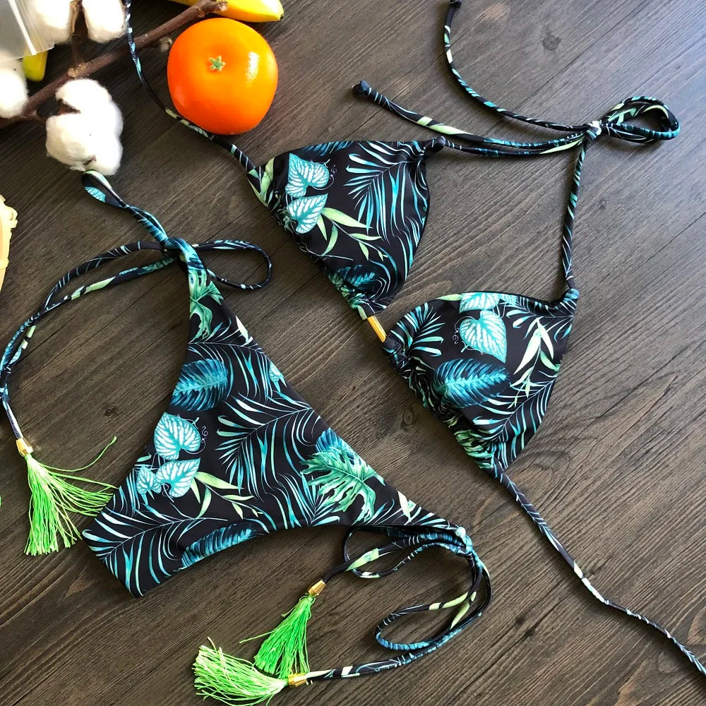 Sexy Micro Feather Print Bandage Swimwear Bathing Brazilian Bikini Suit