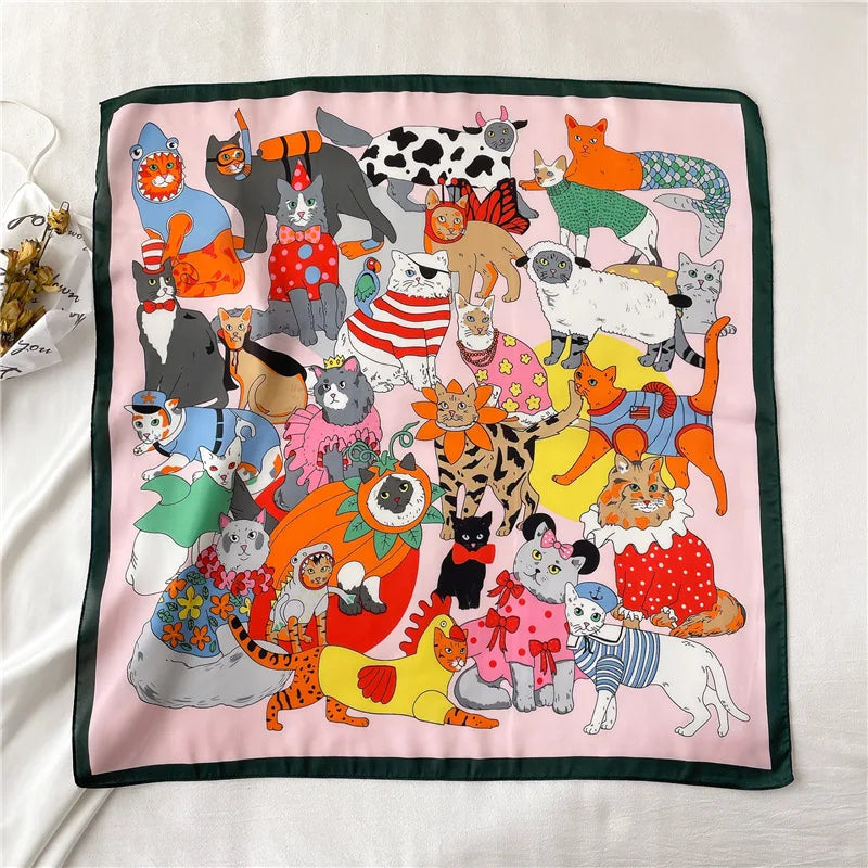 Women Fashion Silk Satin Cats Pets Printed Wrap Scarf Bandana Scarves