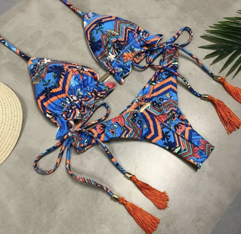 Sexy Micro Feather Print Bandage Swimwear Bathing Brazilian Bikini Suit