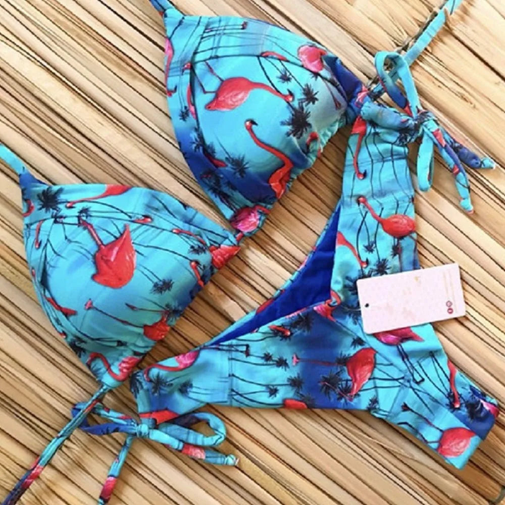Sexy Halter Thong Micro Bikini Push Up Brazilian Tropical Plant Print String Mini Swimsuit