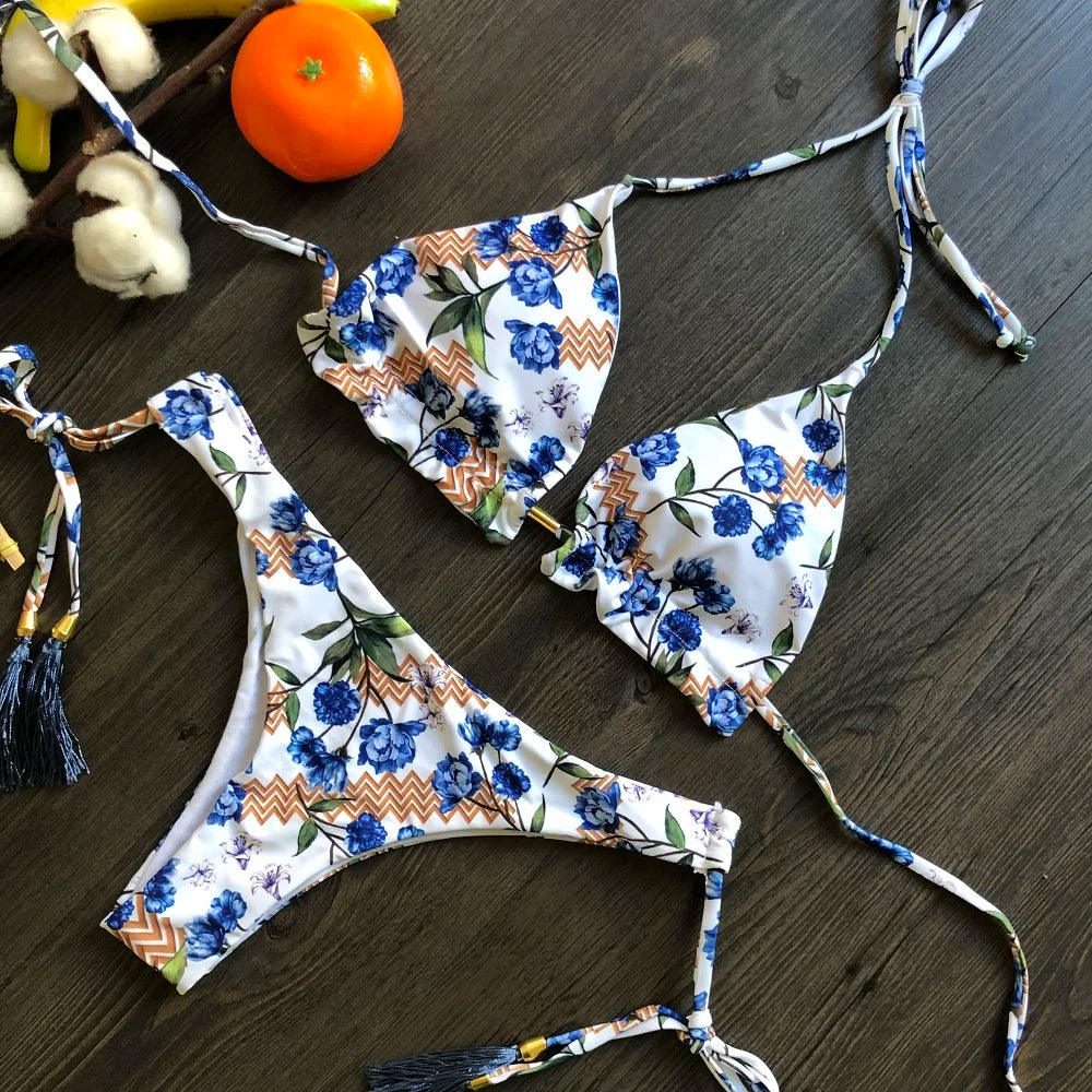 Sexy Micro Feather Print Bandage Swimwear Bathing Brazilian Bikini Suit