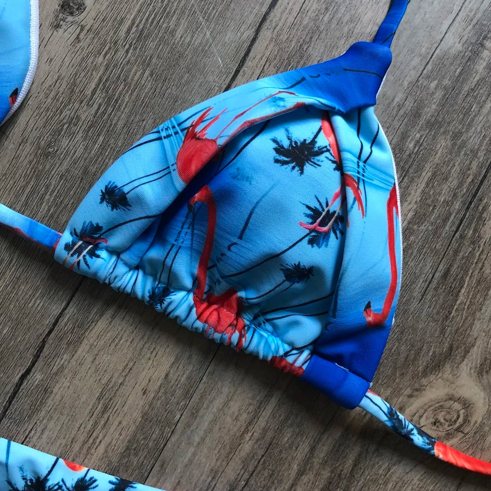 Sexy Halter Thong Micro Bikini Push Up Brazilian Tropical Plant Print String Mini Swimsuit
