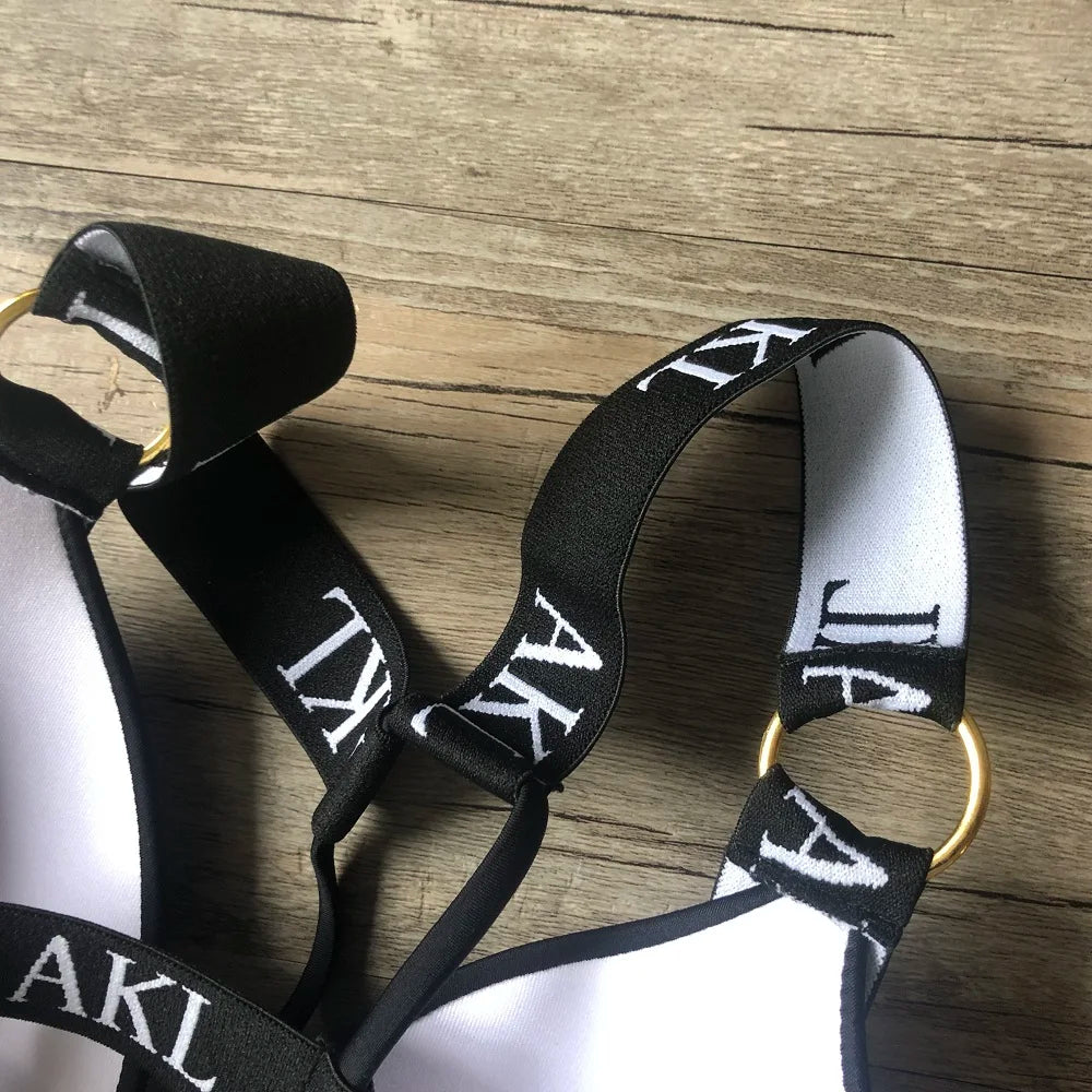 Sexy Letter prints Push up Bandage Black Swimwear Swimming bathing suit