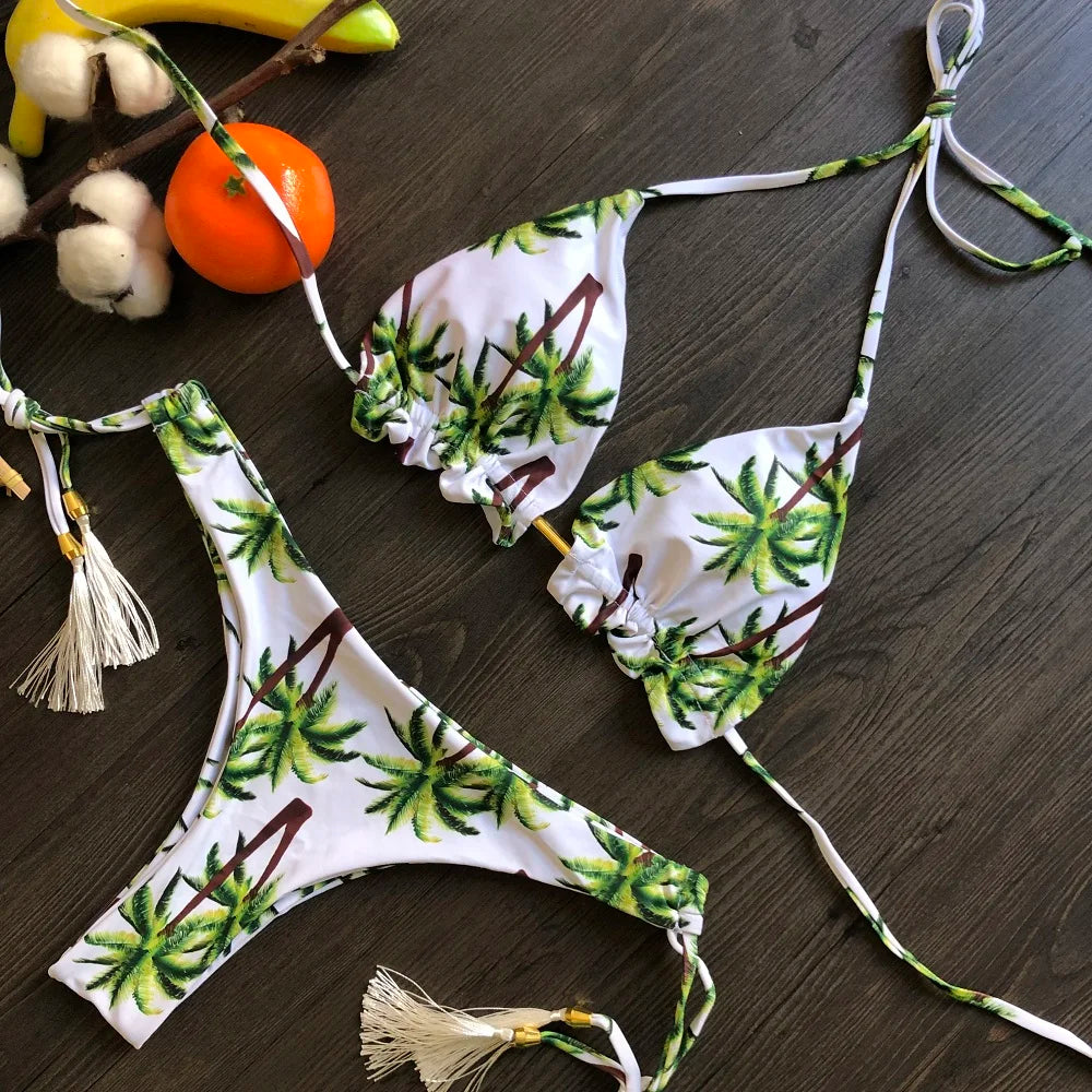 Sexy Micro Feather Print Bandage Swimwear Bathing Brazilian Bikini Suit